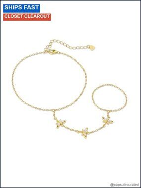 Gold Plated 925 Sterling Silver Dragonfly Hand Chain Bracelet with Finger Ring